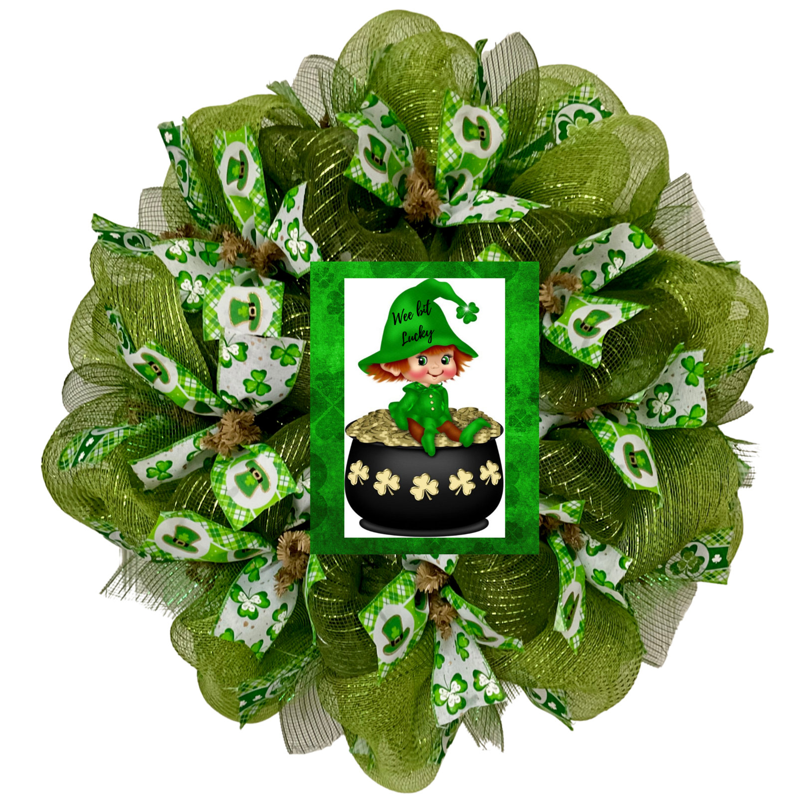 The Holiday Aisle? St Patrick's Day Wreath A Wee Bit Lucky Leprechaun 24 inch diameter Indoor/Outdoor Handmade Deco Mesh